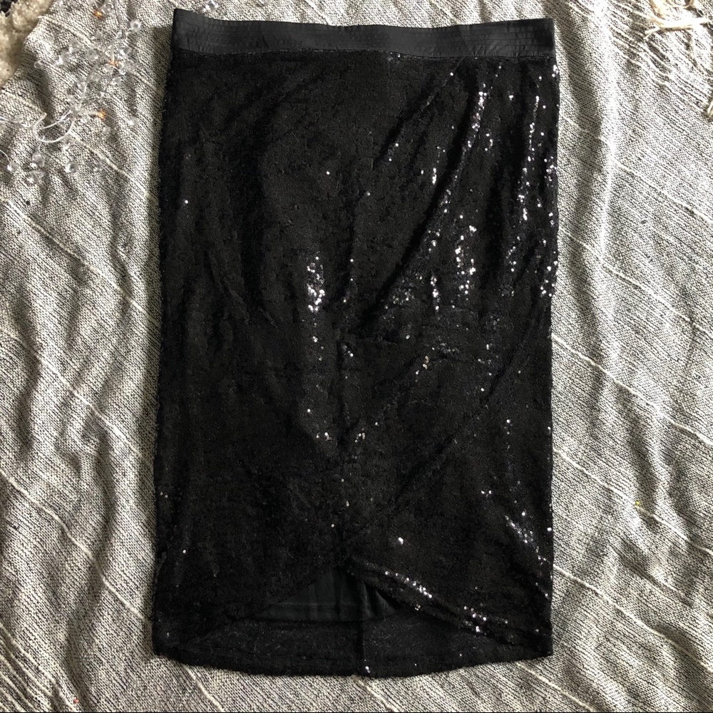 “Fashion to Figure” Black Sequin Faux Wrap Skirt